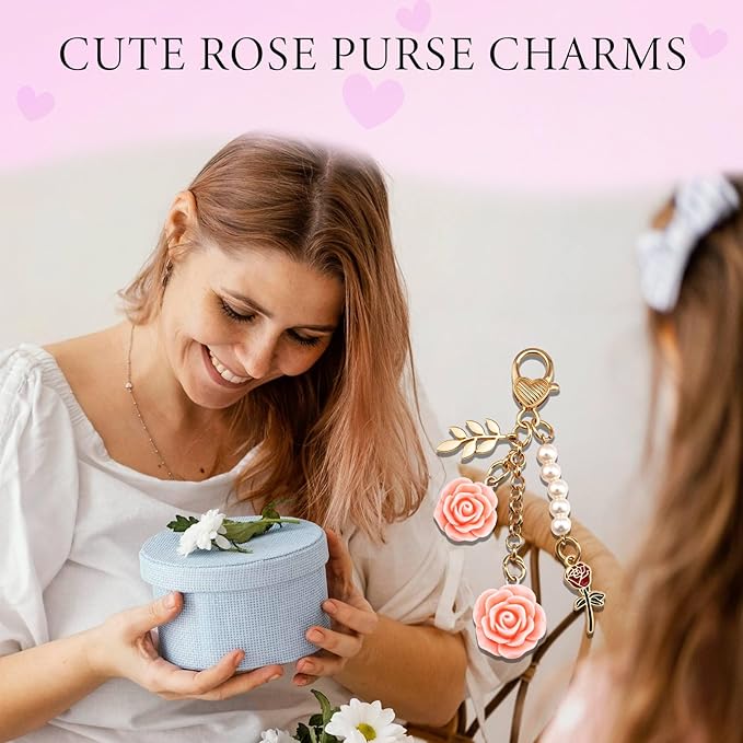 Rose Purse Charms Cute Flower Keychain With Heart Sticker Charm Chain For Kindle Colorful Bag Charms For Handbags