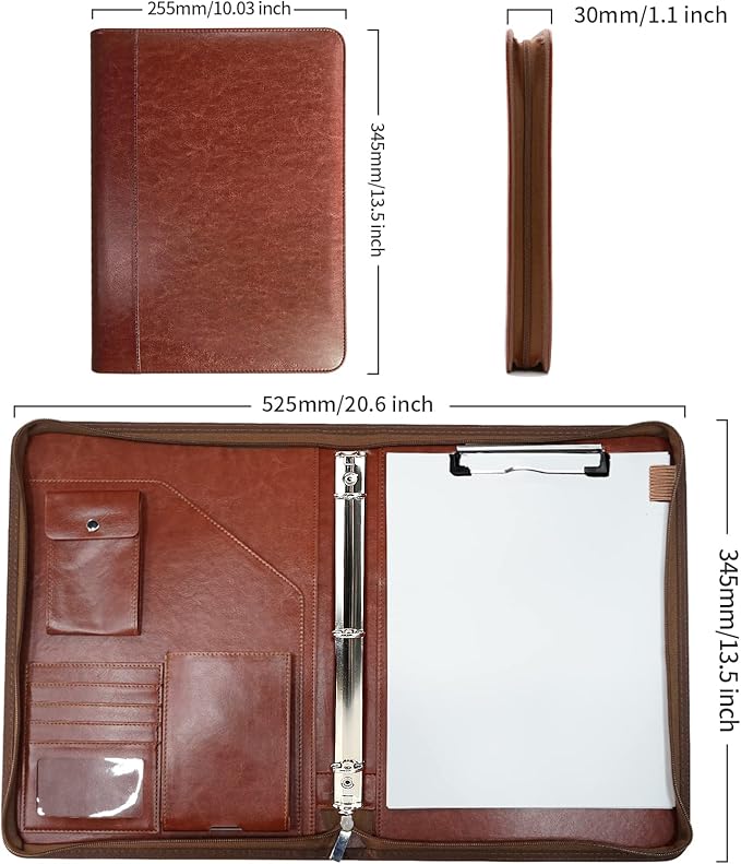 Zippered Portfolio Organizer, WRIYES Leather Padfolio with 3 Ring Binder, Professional Business Binder, Organizer for IPad/Document, Phone & Business Cards, Office Gifts for Men or Women (Brown)