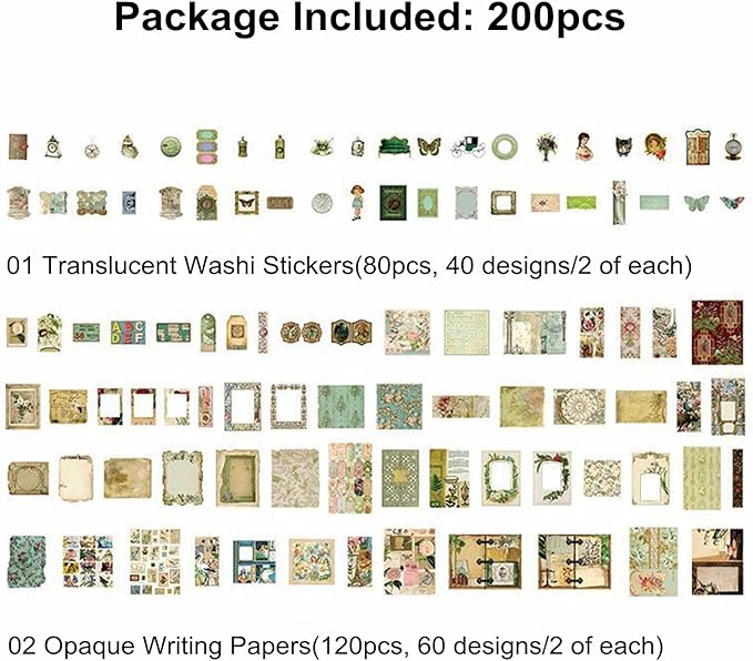 200PCS Vintage Scrapbooking Supplies Pack, Aesthetic Scrapbook Sticker Paper Art Journaling Kit for Bullet Junk Journals,Planner,Cottagecore Decor Gifts (Green Vintage Collection)