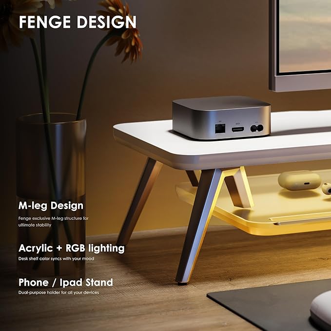 Fenge Dual Monitor Stand for Desk, 2 Tiers Monitor Riser with Acrylic Shelf & App Control LED Lights, 42.5 Inch Wood and Aluminum Desk Shelf with Phone and Tablet Holder