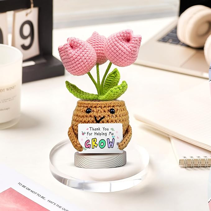 Gossby Handmade Positive Tulip Flower Crochet - Thank You for Helping Me Grow - Teacher Appreciation Gift - Thank You, Birthday, Graduation, Last Day of School Gift for Teacher from Student