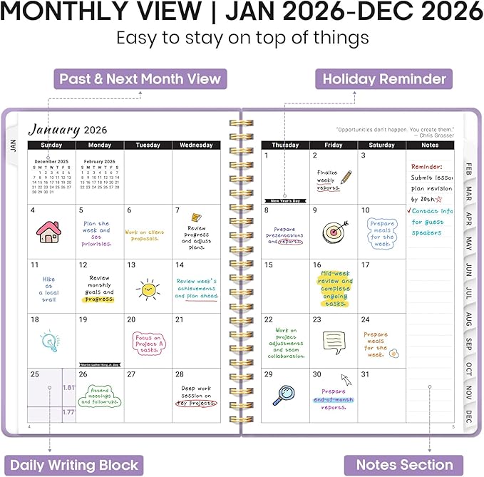 2026 Planner 8.5" x 11", Weekly and Monthly Calendar Planner Book, January 2026 - December 2026, Hardcover Spiral Planner with Monthly Tabs, Notes Pages, Perfect for Women & Men, A4 - Lavender