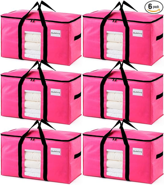 TAILI 6 Pack Pink Extra Large Moving Bags, Heavy Duty Totes with Visible Window, Wrap Around Handles, Space-Saving Storage Solution, Alternative to Moving Boxes