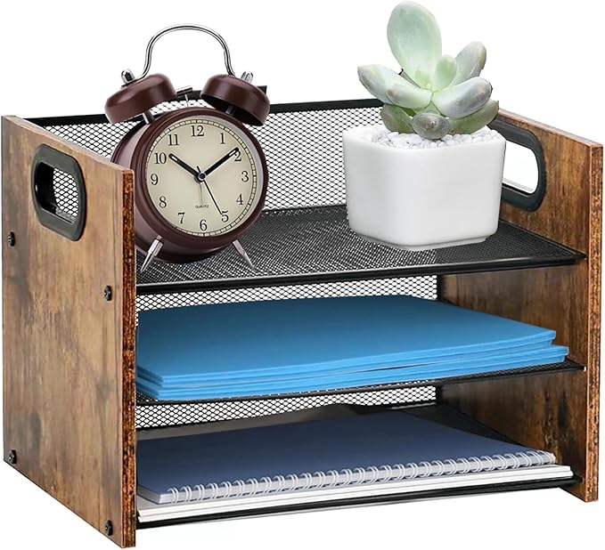 Wood Desk Organizer - 3-Tier Desktop File Organizer, Wooden Paper Tray, Office Desk Organzier and Accessories for Papers, Mail, Notebooks, Stationery