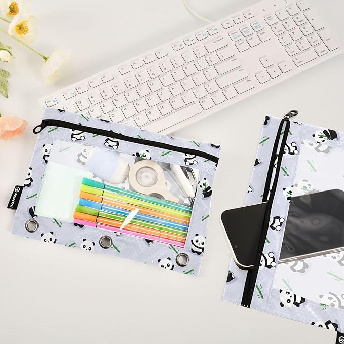 ZAZYXTJ Personalized Cute Panda Binder Pencil Pouchs 3 Ring with Zipper Clear Window Office Organizers bag for School Students Teacher Supplies 2 Pack