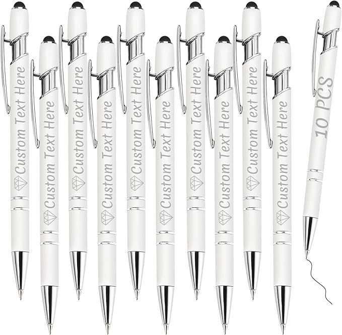 Personalized Pens Bulk 10 with Name Custom Engraving Ballpoint Pens with Stylus Tip Customized Smooth Writing Pens Personalized Gifts for Anniversary Birthday or Graduation(White,Black Ink)