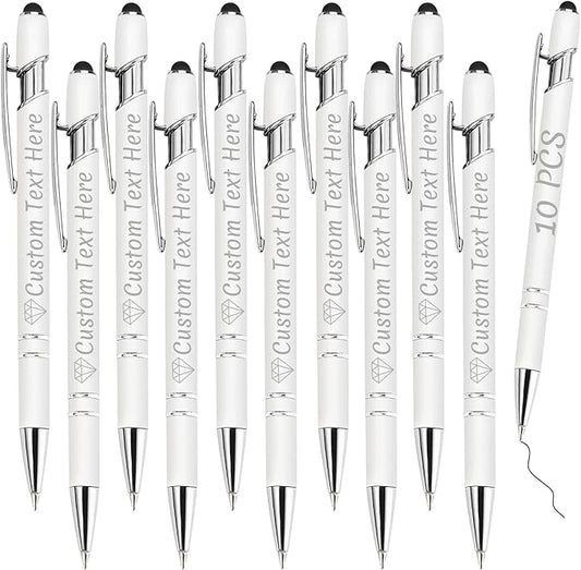 Personalized Pens Bulk 10 with Name Custom Engraving Ballpoint Pens with Stylus Tip Customized Smooth Writing Pens Personalized Gifts for Anniversary Birthday or Graduation(White,Black Ink)