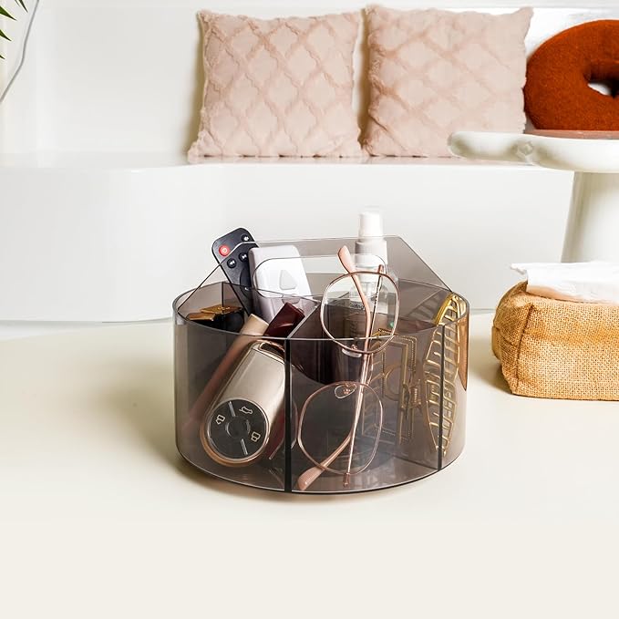 Acrylic Pen Organizer, 360 Degree Rotating Desk Organizer with 6 Compartments Crayon Holder for Office, School, Home, Art Supply, Grey