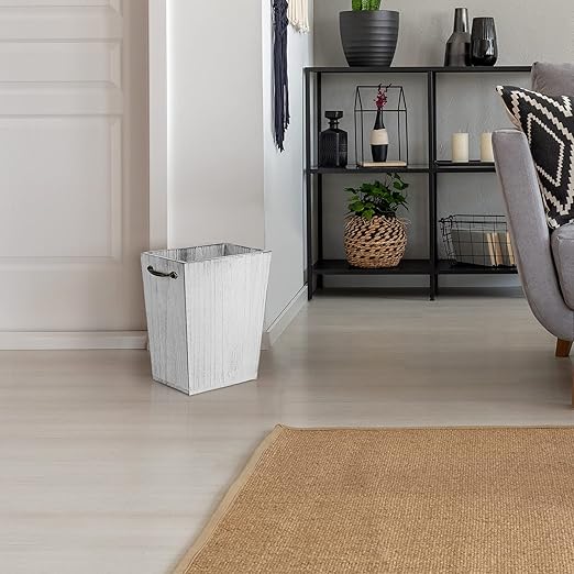 Wood Wastebasket Trash Can Rustic Farmhouse Square Garbage Container Bin with Decorative Metal Handle for Bedroom, Living Room, Bathroom & Office