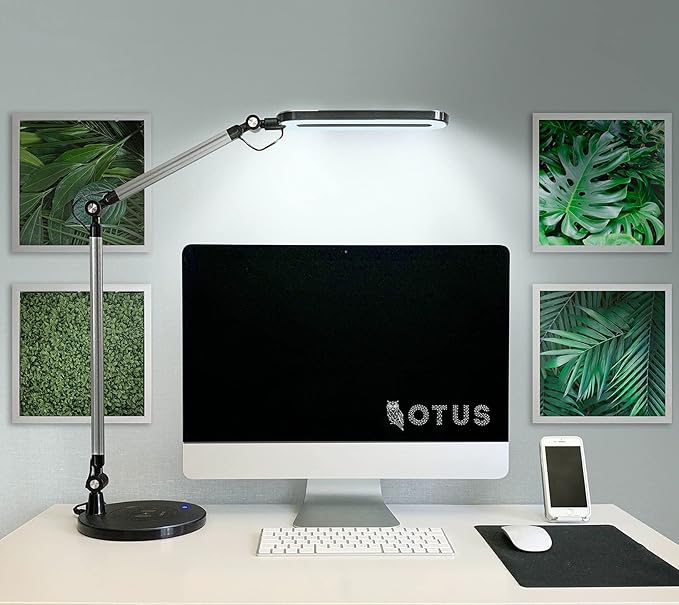 OTUS Desk Lamp for Home Office with Wireless Charger | LED Adjustable Architect Swing Arm Task Light for Computer Desk, Reading, Study & Video Calls | Dimmable Eye-Care Panel with Smart Memory