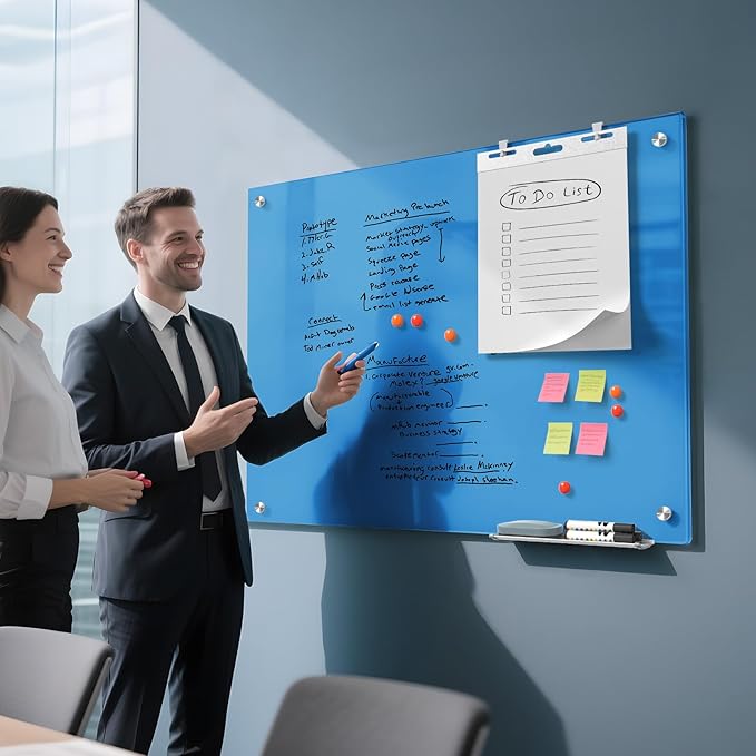 MaxGear Glass White Board 36x24, Bule Wall Mounted Magnetic Glass Dry Erase Board, Large Frameless Whiteboard with 1 Eraser,3 Markers and 6 Magnets for Office, School, Home