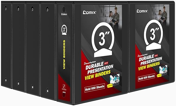 Comix Sturdy 3 inch Round Ring View Binder, Basic 3 Ring Binder 600-Sheet Capacity, Fit 8.5" x 11" Paper, 10 Pack (Black)