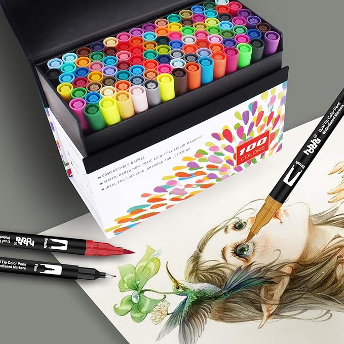 hhhouu 100 Colors Fine Tip Markers Dual Tip Brush Pens Art Markers Set for Adult Coloring Drawing Bullet Journals Planners Hand Lettering Calligraphy HO-100B