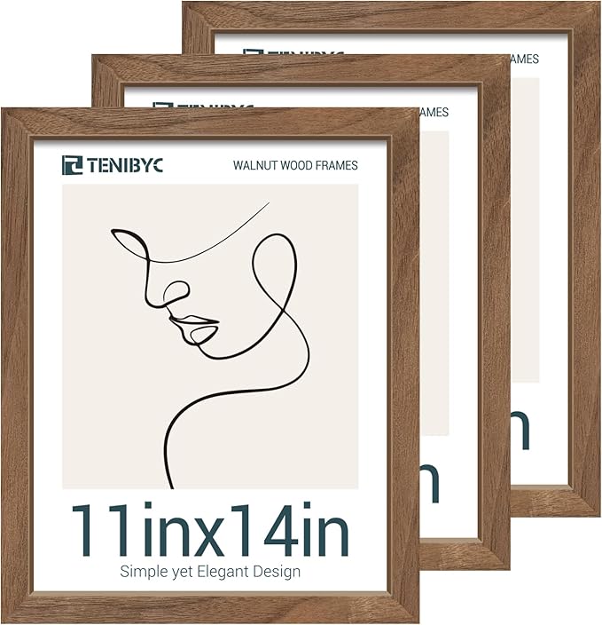 11x14 Walnut Picture Frame 3 Pack with HD Glass - Natural Brown, Solid Wood Poster Frame, Wall Gallery Frame