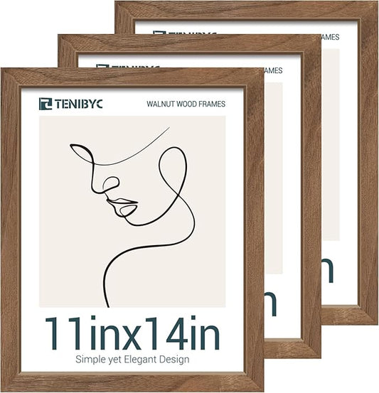 11x14 Walnut Picture Frame 3 Pack with HD Glass - Natural Brown, Solid Wood Poster Frame, Wall Gallery Frame