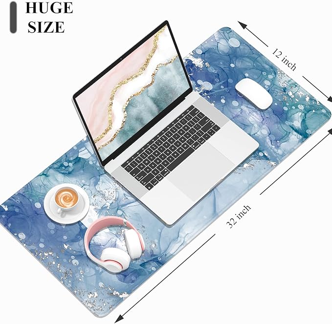 Desk Mat, 32" x 12" XXL Extended Large Gaming Mouse Pad, Desktop Decor Desk Pad, Cute Men Women Office Supplies and Accessories, XL Mouse Mat for Laptop & Keyboard, Blue Ink Painting