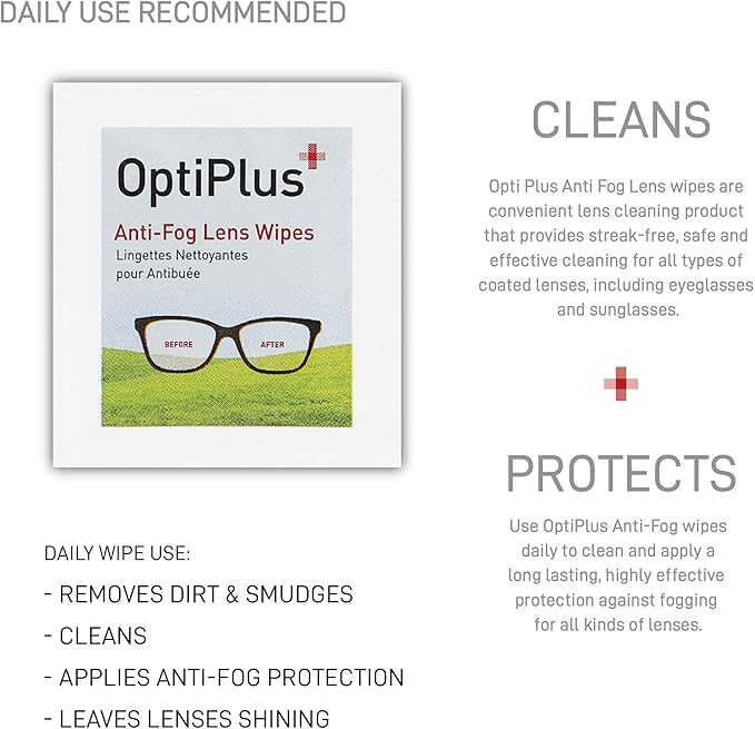 OptiPlus Anti Fog Lens Wipes l Pre-Moistened l Cleaning Wipes for Glasses, Laptops Screens, Smart Phones, Optical Lens, Goggles, Watch Screen and More l Defogging, Quick-Dry & Scratch-Free l 60 Count
