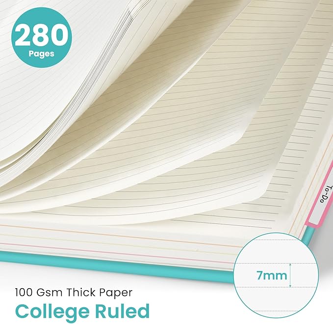 Hardcover Spiral Journal Notebooks for Work With Removable Dividers & Tabs, 8.5"x11" 5 Subject Notebook for Note Taking & Organizer, A4 College Ruled Lined Journal for Women & Writing, Aquamarine, 280 Pages