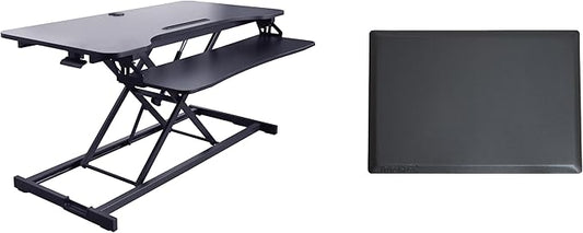 Rocelco 43" Height Adjustable Standing Desk Converter with Anti Fatigue Floor Mat - Tall Stand Up Tabletop Riser and Tablet Slot - Computer Workstation - Deep Keyboard Tray - Black (R VADRB-43-MAFM)