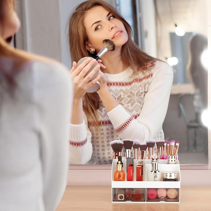 Office Desk Organizer with Drawers for Desktop/Tabletop/Counter, Desk Top Accessories Stationary Organizer Desk Caddy, Pen/Pencil/Business Card/Sticky Note Tray/Paperclip Holder Storage Box (White)