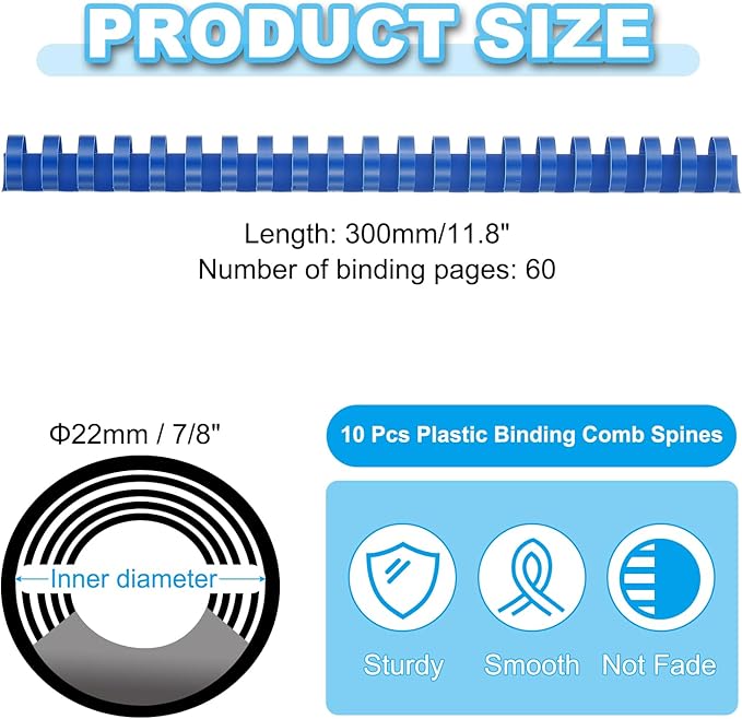 PATIKIL 22mm (7/8") Plastic Binding Combs, 10 Pcs 21 Rings Comb Binding Spines 190 Sheet Capacity Letter Size for Binding Paper Sheets Notebook Calendar Picture Album, Blue