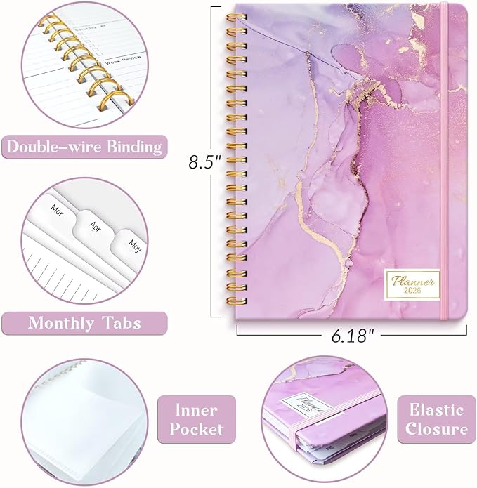 2026 Planner, A5 Weekly and Monthly Planners with Tabs, Spiral Bound Daily Calendar 2026 Planner, Agenda Organizers from Jan. to Dec., Hardcover Habit Tracker Journal 6.18" x 8.5"(Light Purple)