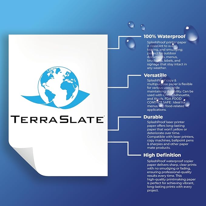 TerraSlate Waterproof Paper, 5 MIL 8.5” x 11”, Laser Printer & Copy Machine Compatible, Durable & Rain/Weather-Proof Copy Paper, White Paper (50 Sheets)
