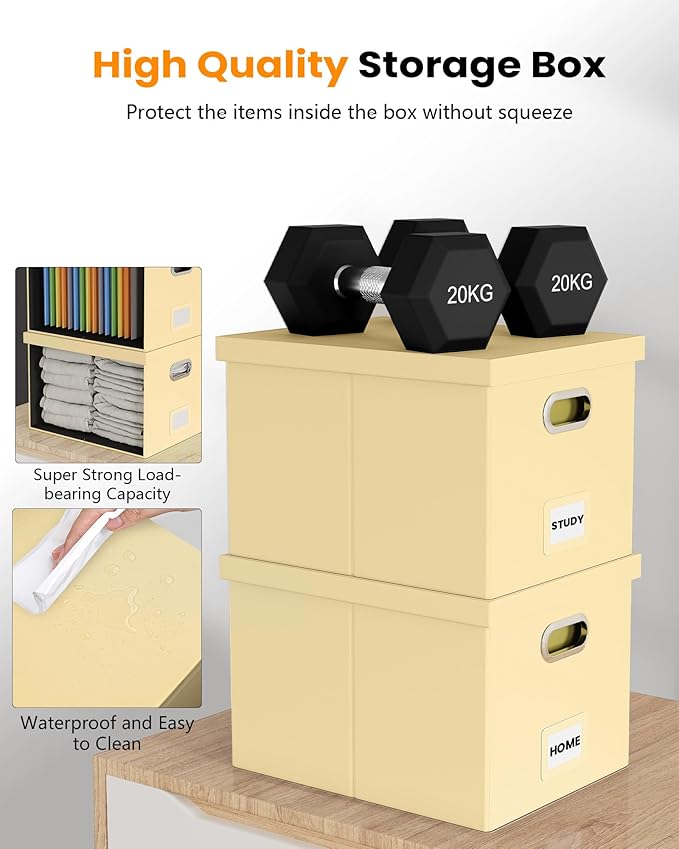 2 Pack File Storage Organizer Box, Portable Document Box with Lid,Fit for Letter/Legal File Folder Storage,Cream-yellow(Leather)