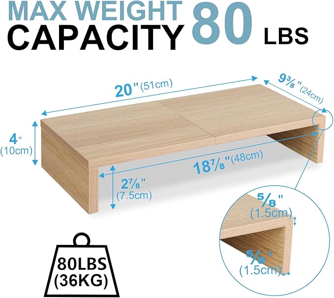 TEAMIX 2 Pack Monitor Stand Riser-20 inch, Wooden Desktop Riser for TV/PC/Laptop/Printer, Cozy Monitor Riser with Storage, Computer Stand Space-Saving