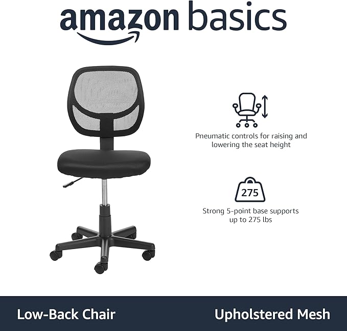 Amazon Basics Rolling Desk Chair, Adjustable, Low Back, Padded Seat, Breathable Mesh, Swivel, Black, 21.25" D x 22.5" W x 38" H