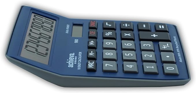 Achieva 10-Digit LCD Display Desktop Calculator | Blue, Gray | Dual Solar & Battery Power | Made with 30% Recycled Plastic | for Home, Office, School (980)