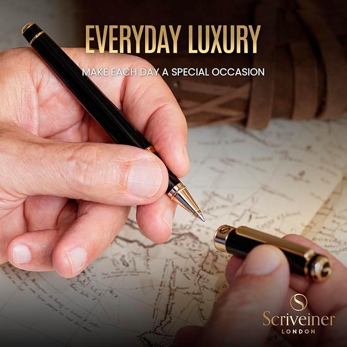 Scriveiner Personalized Black Rollerball Pen - Stunning Luxury Pen, Jet Black Lacquer & Real Gold Plating, Schmidt Ink Refill, Best Engraved Roller Ball Gift for Men & Women, Custom Name Engraving