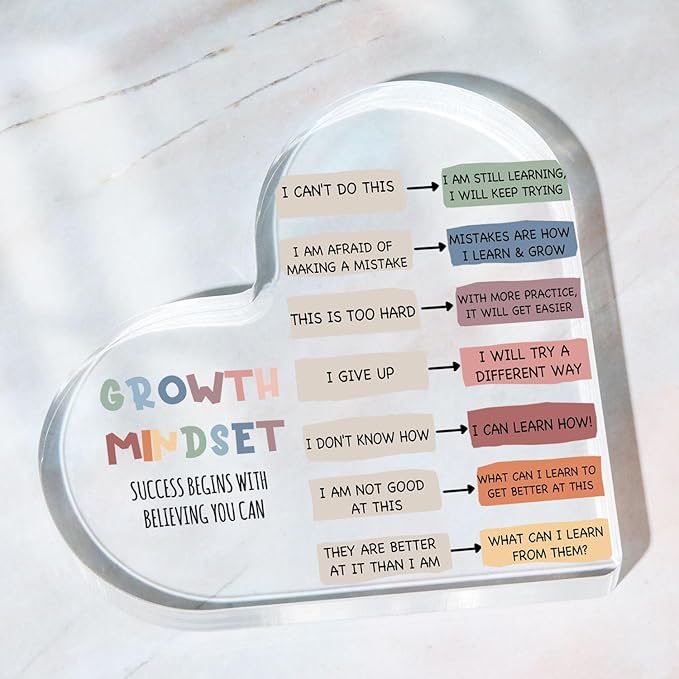 Growth Mindset Decor, Mental Health Therapy Office Classroom Art Educational Acrylic Heart Inspirational Gift Change Your Mindset Decorations Positive Sayings Gifts for Teacher Students School