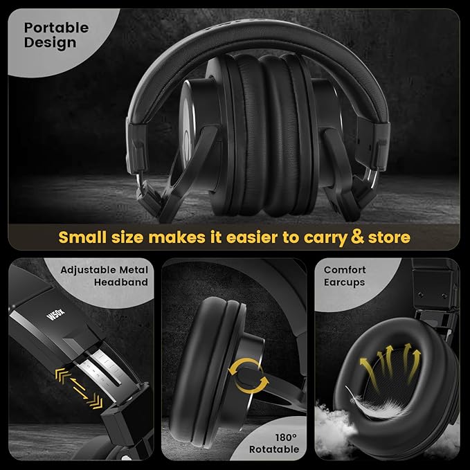 Wired Over Ear Headphones Studio Monitor Podcast Closed Back Headsets with 50mm Neodymium Drivers and 1/4 to 3.5mm Jack for AMP Computer Recording Mixing DJ Guitar Keyboard Laptop - Black