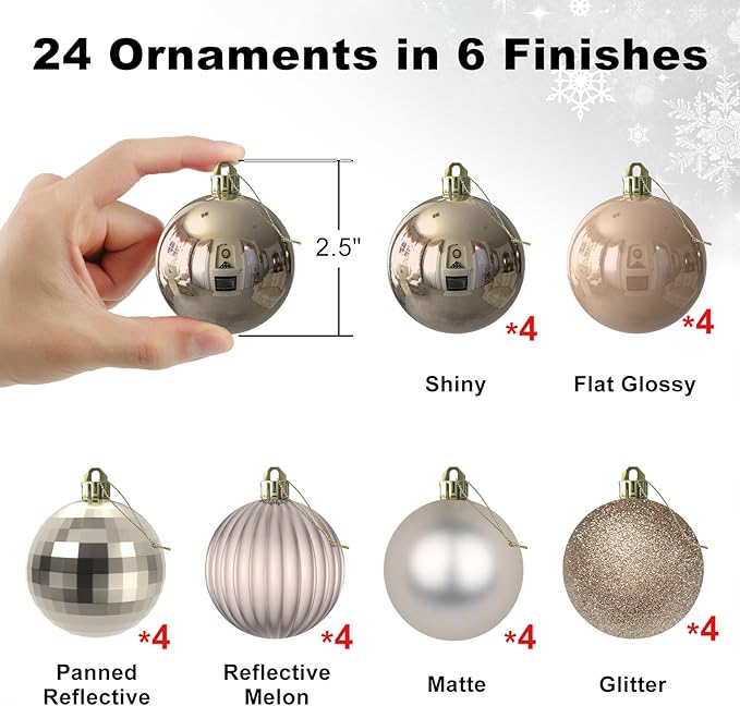 Champagne Gold 2.5" Christmas Balls Christmas Tree Decoration Ornaments Shatterproof Hanging Balls for Birthday Halloween Holiday Wedding Decorations Set of 24pcs