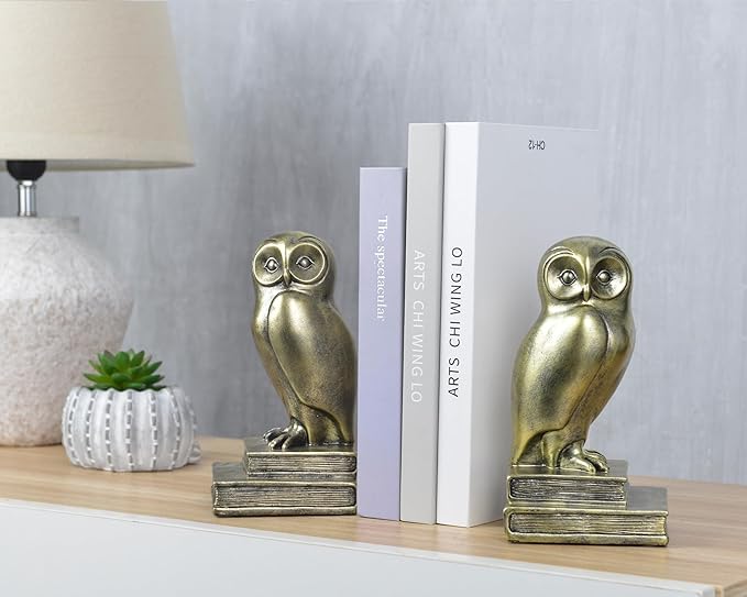 Vintage Gold Owl Bookends,Resin Animal Decorative Book Ends for Shelves,Book Holder with Anti-Slip Base,Luxurious Bird Bookends for Kids Rooms Office Home Decor,Unique Book Lover Gift