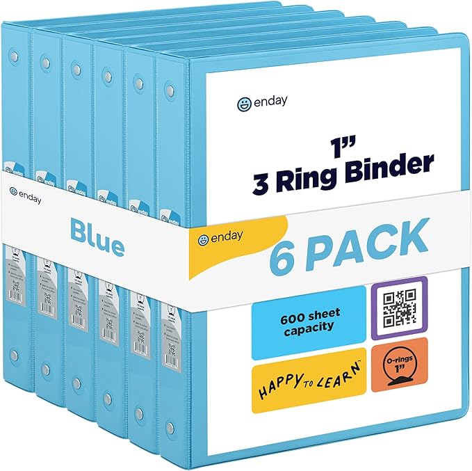 3 Ring Binder Blue, 1 Inch, 1” Clear View Cover with 2 Inside Pockets Round Ring Binder, Colored School Supplies Binders, Also Available in Pink, Blue, Purple, Green, and Grey (6 PC) – by Enday