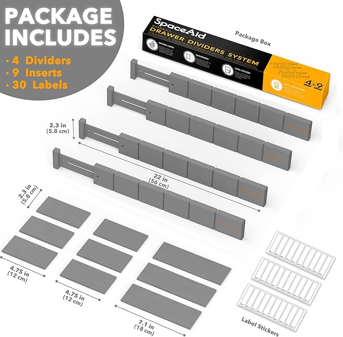 SpaceAid Bamboo Drawer Dividers with Inserts and Labels, Kitchen Adjustable Drawer Organizers, Expandable Organization for Home, Office, Dressers, 4 Dividers with 9 Inserts (17"-22" Gray)