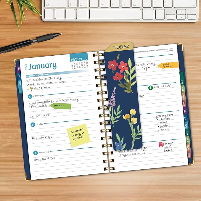 HARDCOVER 2026 Planner, 5.5"x8": 14 Months (November 2025 - December 2026), Daily Weekly Monthly Planner, Yearly Agenda, Bookmark, Pocket Folder and Sticky Note Set (Navy Gold Numbers)