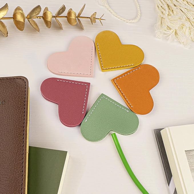 12 Pcs Leather Heart Bookmarks - Handmade Cute Page Book Marks for Reading Women & Book Lovers, Valentine’s Day Gifts, Teacher & Student Book Accessories for School Office Home Supplies (6 Colors)