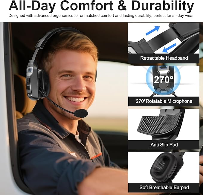Bluetooth Headset for Truck Drivers, Single Ear Wireless Headphones with Mic Noise Cancelling, Mute Button, Hands-Free, 60H Playtime for Call Center, Office, Cell Phone