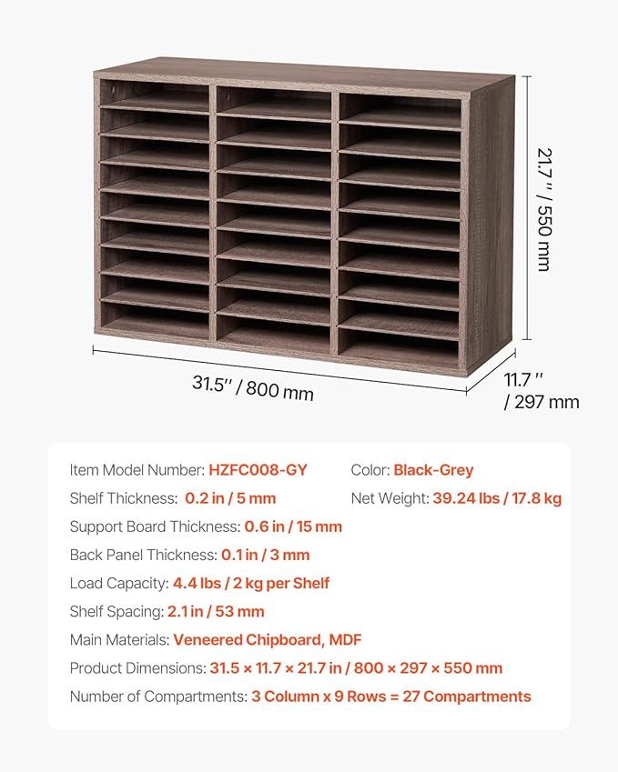 VEVOR Literature Organizer, 27 Compartments Office Mailbox with Removable Shelves, Wood Mailbox Sorter Particle Board Office Home Classroom Storage, File Sorter for File, Document, Paper, Black-Grey