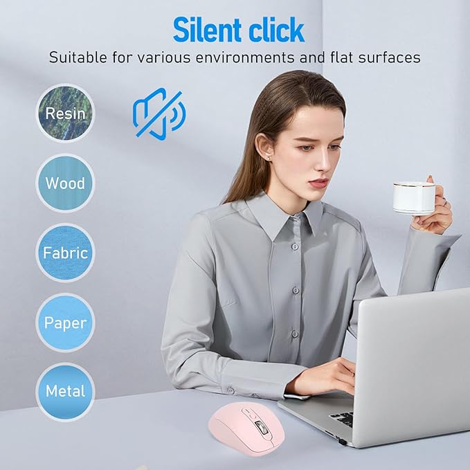 Multi-Device Wireless Bluetooth Mouse, 2.4G USB Receiver and Two Bluetooth, 4-Way Navigation Mice for Computer, Laptop, PC, MacBook, iPad (Pink)