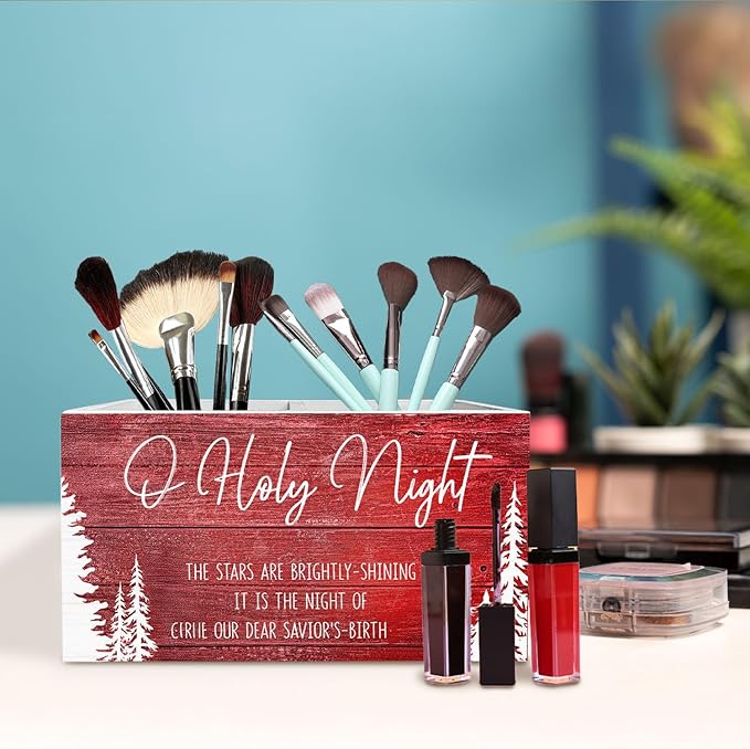 Red Rustic Christmas Tree Pen Holder for Desk, O Holy Night Holiday Christmas Wooden Box Sign Desk Decor for Home Office Decoration, Farmhouse Xmas Tree Pencil Organizer