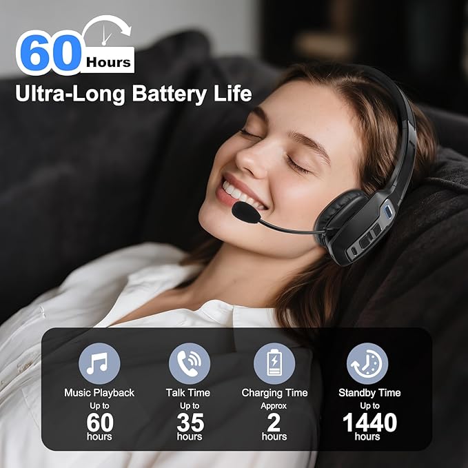 Bluetooth Headset for Truck Drivers, Single Ear Wireless Headphones with Mic Noise Cancelling, Mute Button, Hands-Free, 60H Playtime for Call Center, Office, Cell Phone