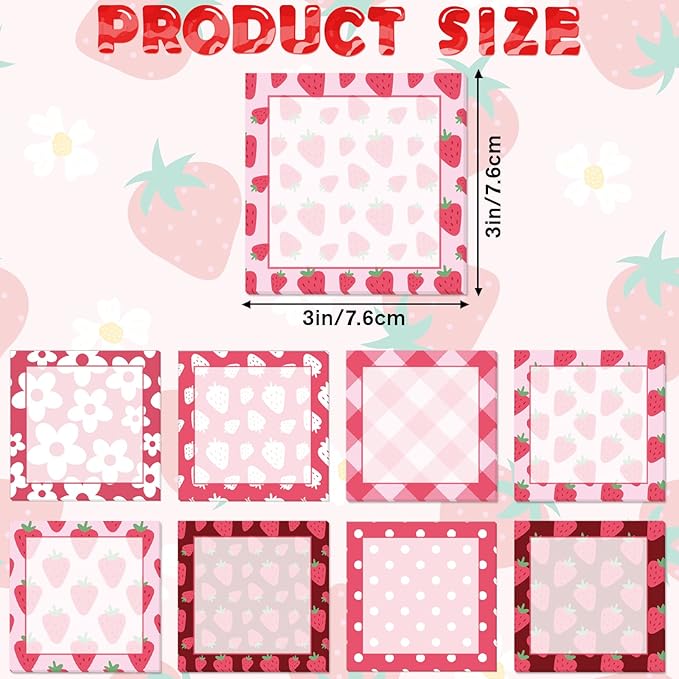 9 Pieces Strawberry Sticky Notes Adhesive Cute Summer Strawberry Memo Notes 3 X 3 Inch Self-Stick Note Pads for School Office Home Supplies Students Teachers Presents, 9 Styles