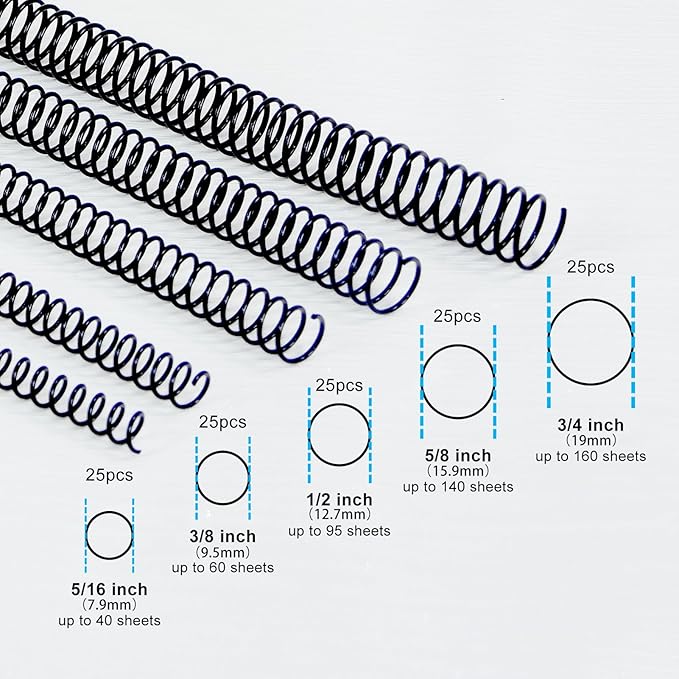 Rayson Plastic Spiral Binding Coil, Mixed Sizes (5/16", 3/8", 1/2", 5/8", 3/4") 4:1 Pitch Black Coil Binding Spines for Business and Educational Purposes, Pack of 125