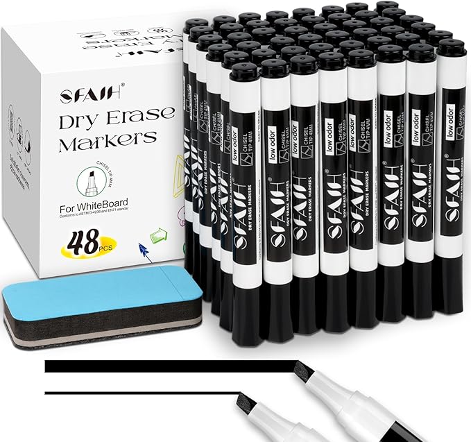 SFAIH Dry Erase Markers Chisel Tip with Magnetic Whiteboard Eraser, 48 Bulk Pack Black White Board Markers for Teachers & Students, Versatile Lines, 1s Quickly Dry, Perfect for Classroom and Office