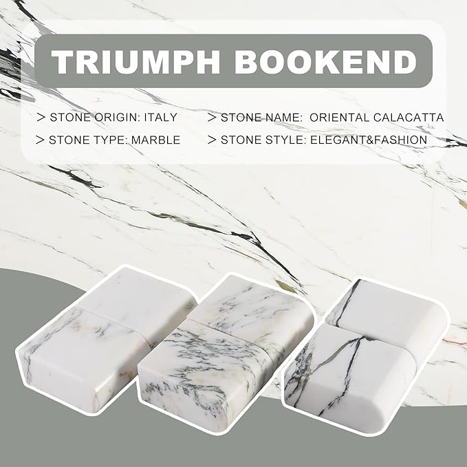 Koville Natural Marble Bookends for Shelves, 13LBS Ultra Heavy Duty Marble Book Holders Organizer, Non-Slip Book Ends, Apartment Decor for Movies/CDs/Video Games