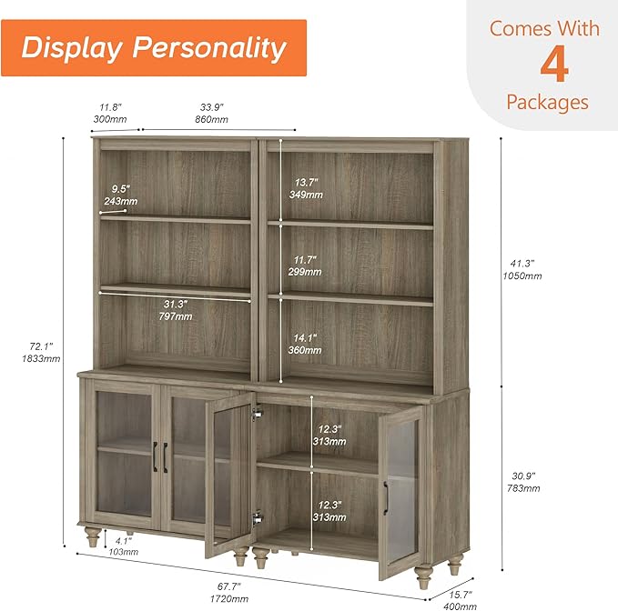 WAMPAT 5 Tier Wooden Bookcase 72" Tall Bookshelf with Glass Doors,Large Farmhouse Display Book Shelf with Adjustable Shelves and Storage Cabinet for Living Room, Study Room, Bedroom, Wash Grey